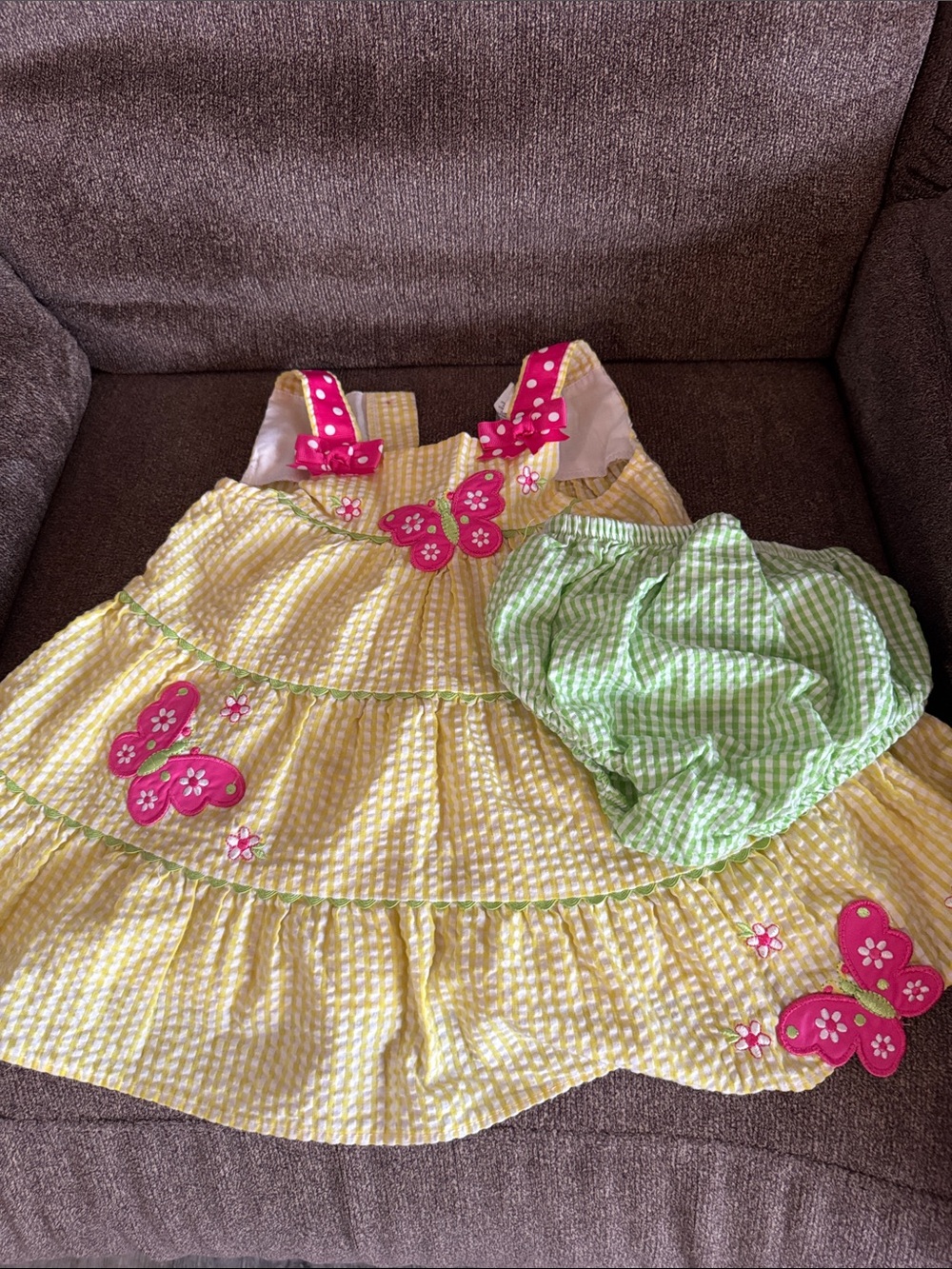 Yellow Seersucker Butterfly Sundress with Green Bloomers